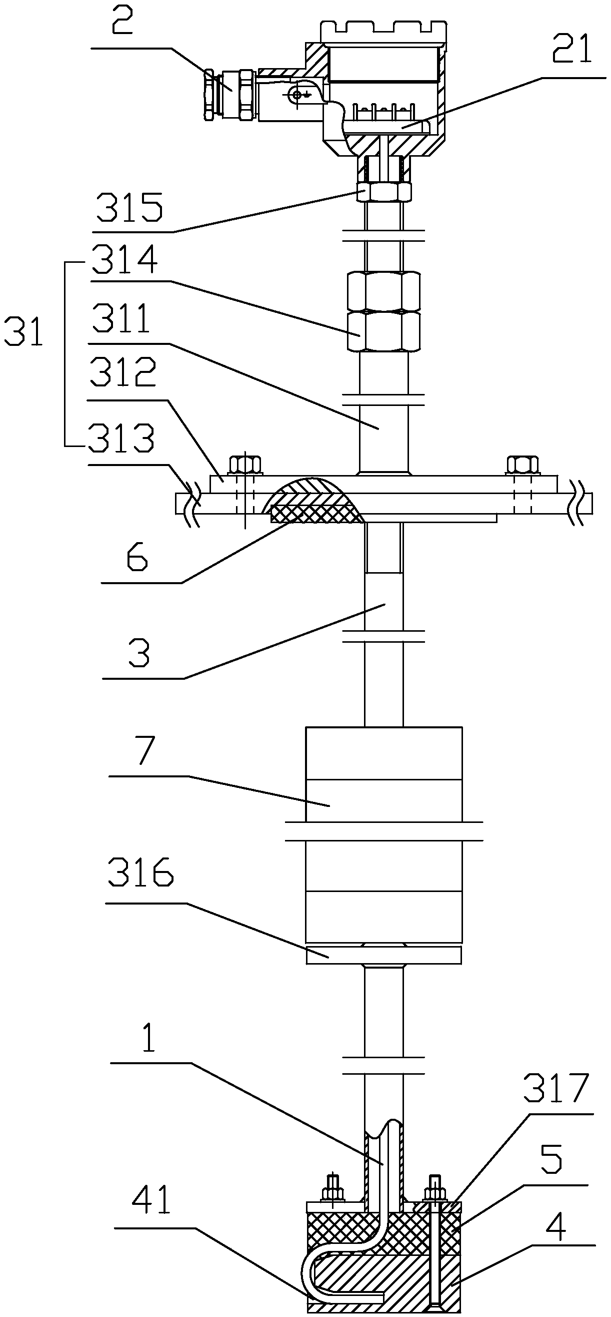 Thermocouple device for measuring tin bath temperature in float glass furnace