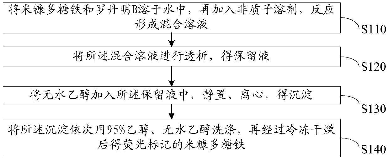 Preparation method and applications of fluorescently-labeled rice bran polysaccharide iron complex