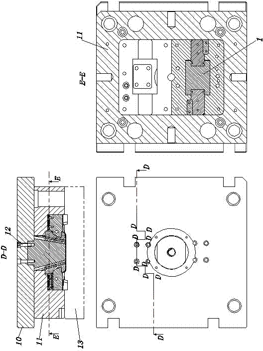 Double-opposite-direction inward-folded T-shaped groove core pulling mechanism of injection mold