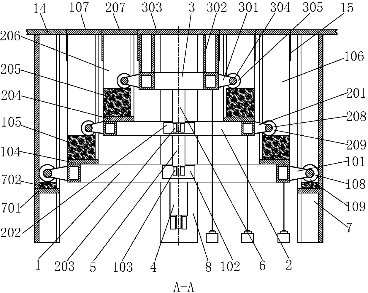 Stage capable of rising and falling at three levels