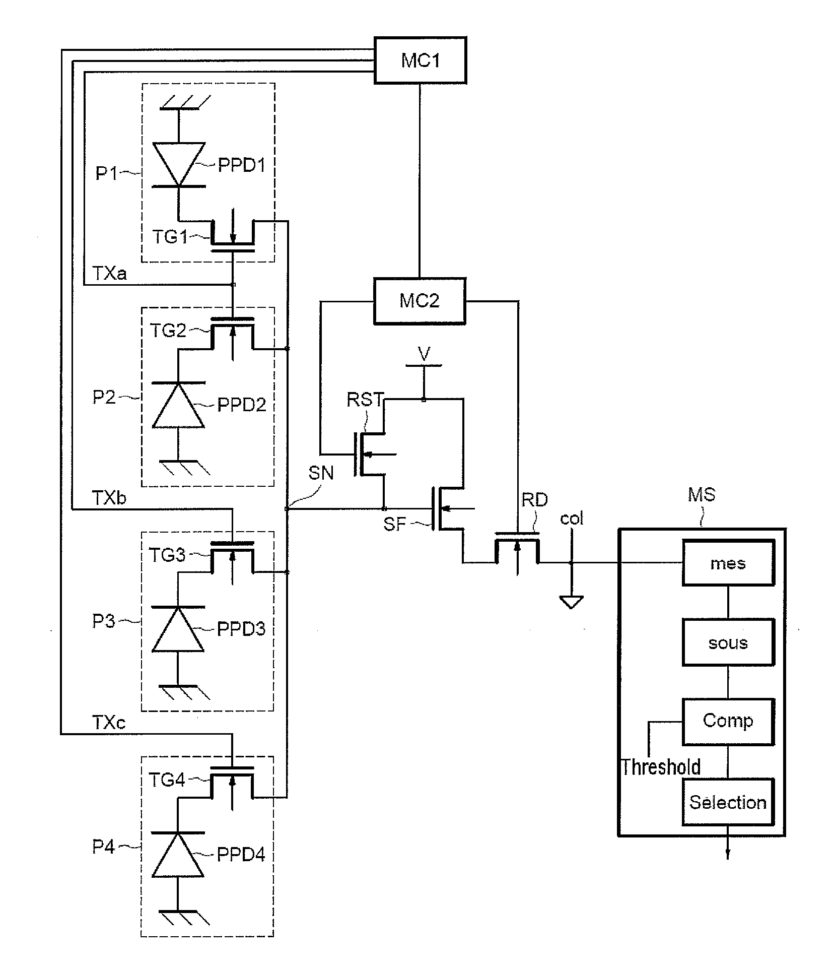 Matrix imaging device comprising at least one set of photosites with multiple integration times