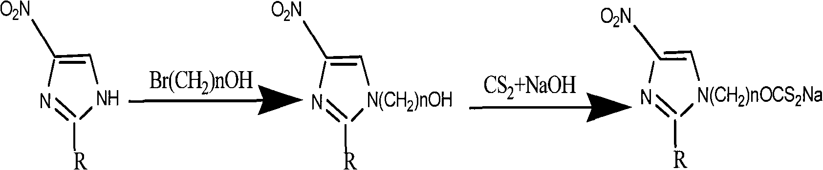 Nitro imidazole xanthogenate complex marked by TcO, preparation method and applications