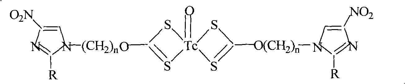 Nitro imidazole xanthogenate complex marked by TcO, preparation method and applications