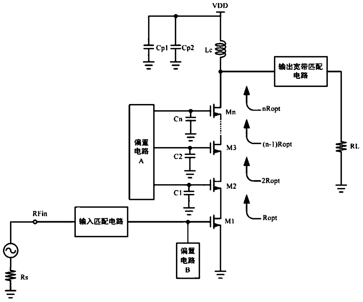 A stacked radio frequency power amplifier