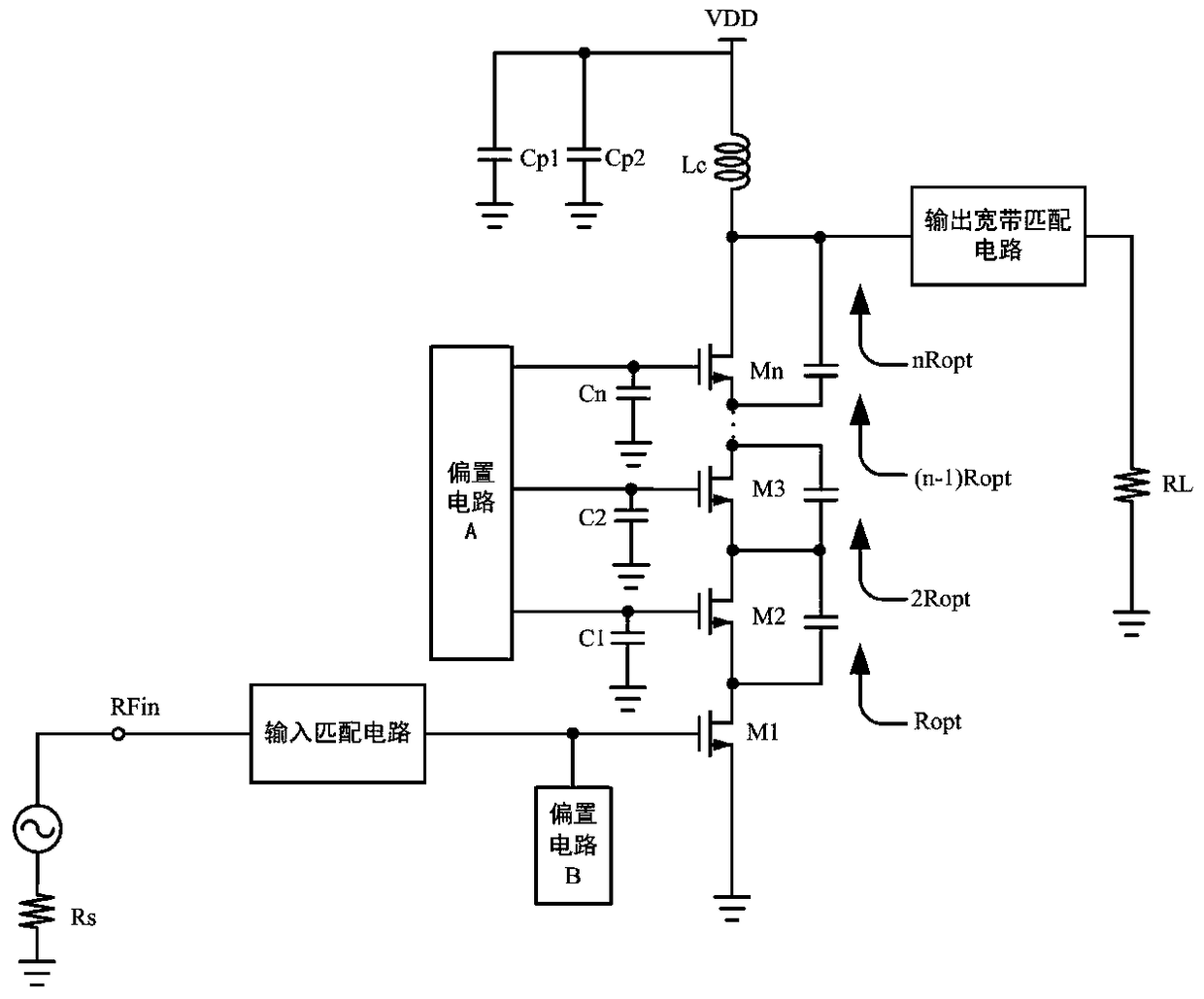 A stacked radio frequency power amplifier