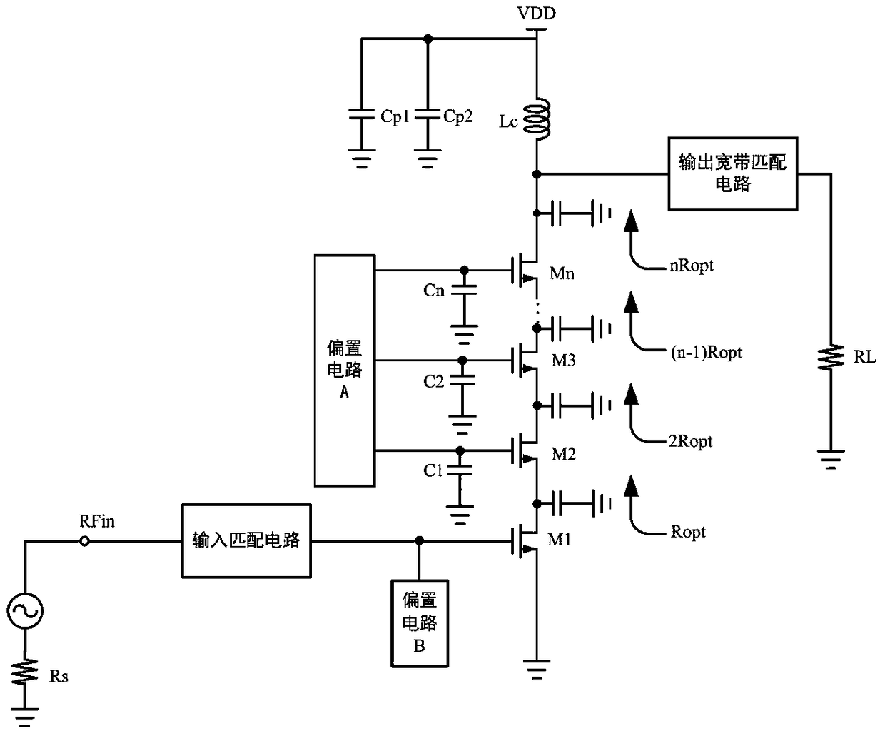 A stacked radio frequency power amplifier