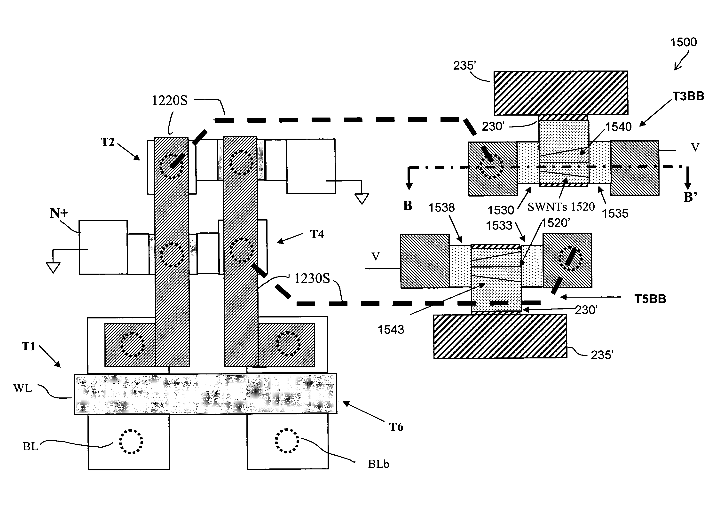 Hybrid carbon [nanotude] nanotube FET(CNFET)-FET static RAM (SRAM) and method of making same