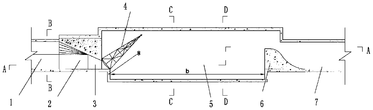 Weak pressure, sudden drop and sudden expansion jet stilling pool energy dissipation system in the cave