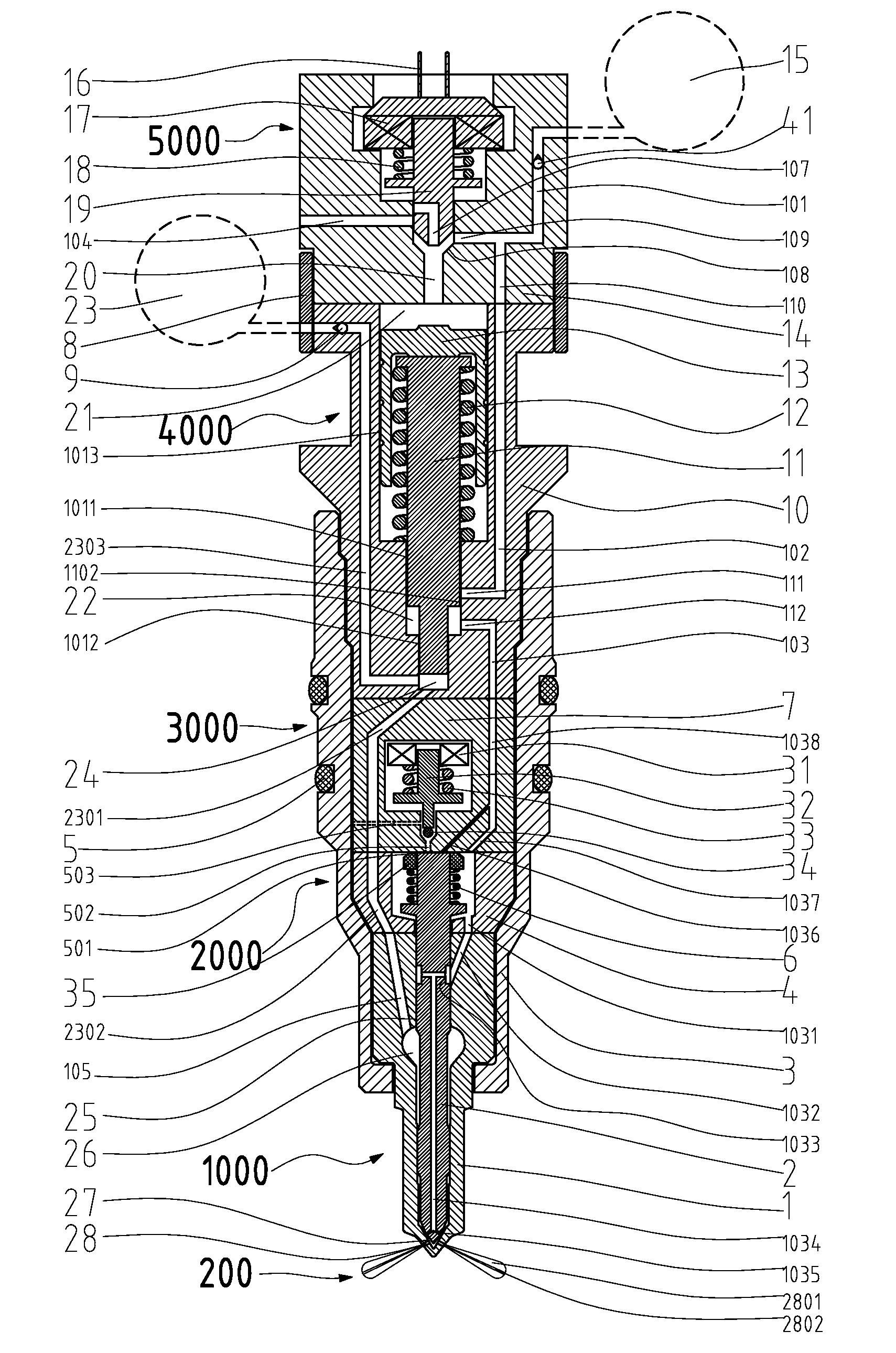 Fuel injector for multi-fuel injection with pressure intensification and a variable orifice