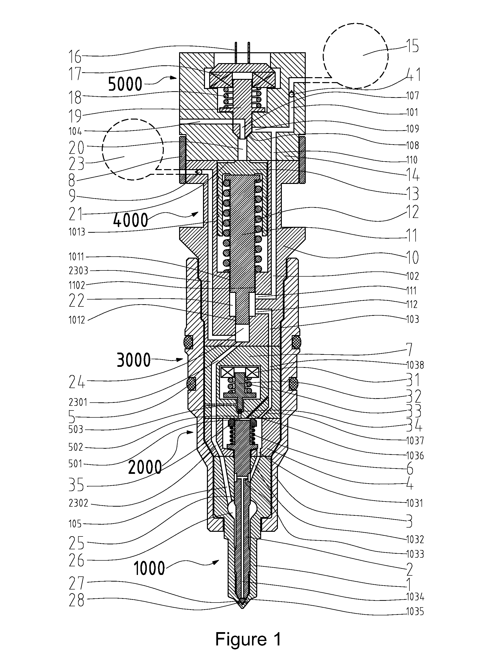 Fuel injector for multi-fuel injection with pressure intensification and a variable orifice