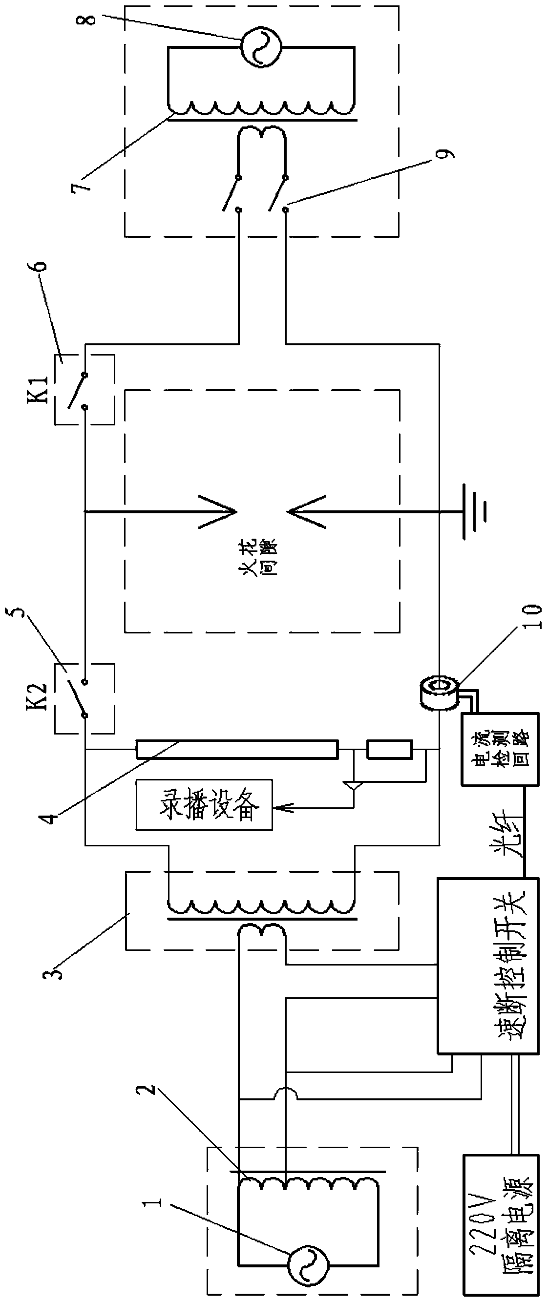 A spark gap insulation recovery voltage detection device and detection method thereof