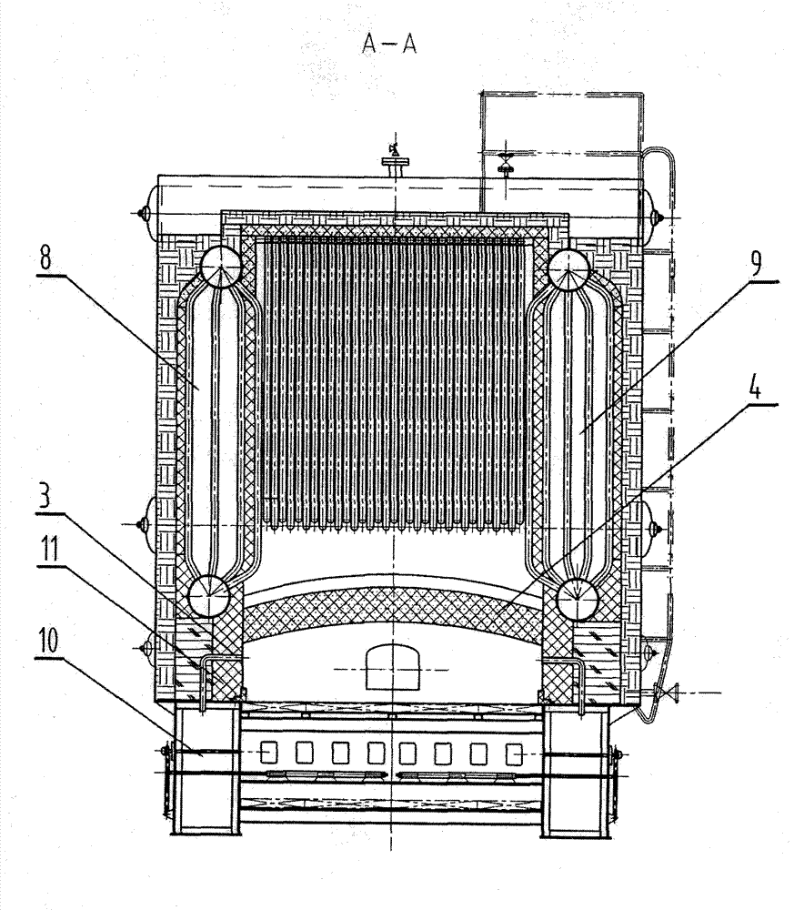 Long front arch and secondary air composite structure of lignite-fired traveling grate boiler