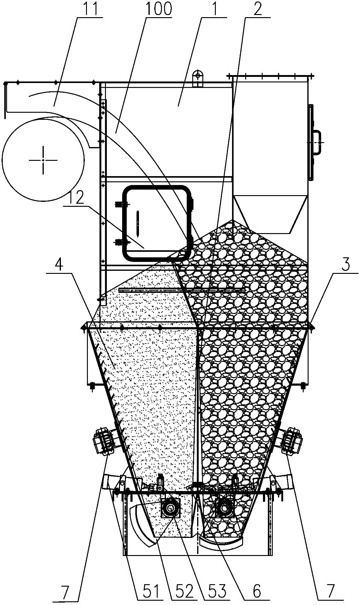 A method for feeding and discharging materials in an aggregate transition bin and an aggregate transition bin for realizing the method