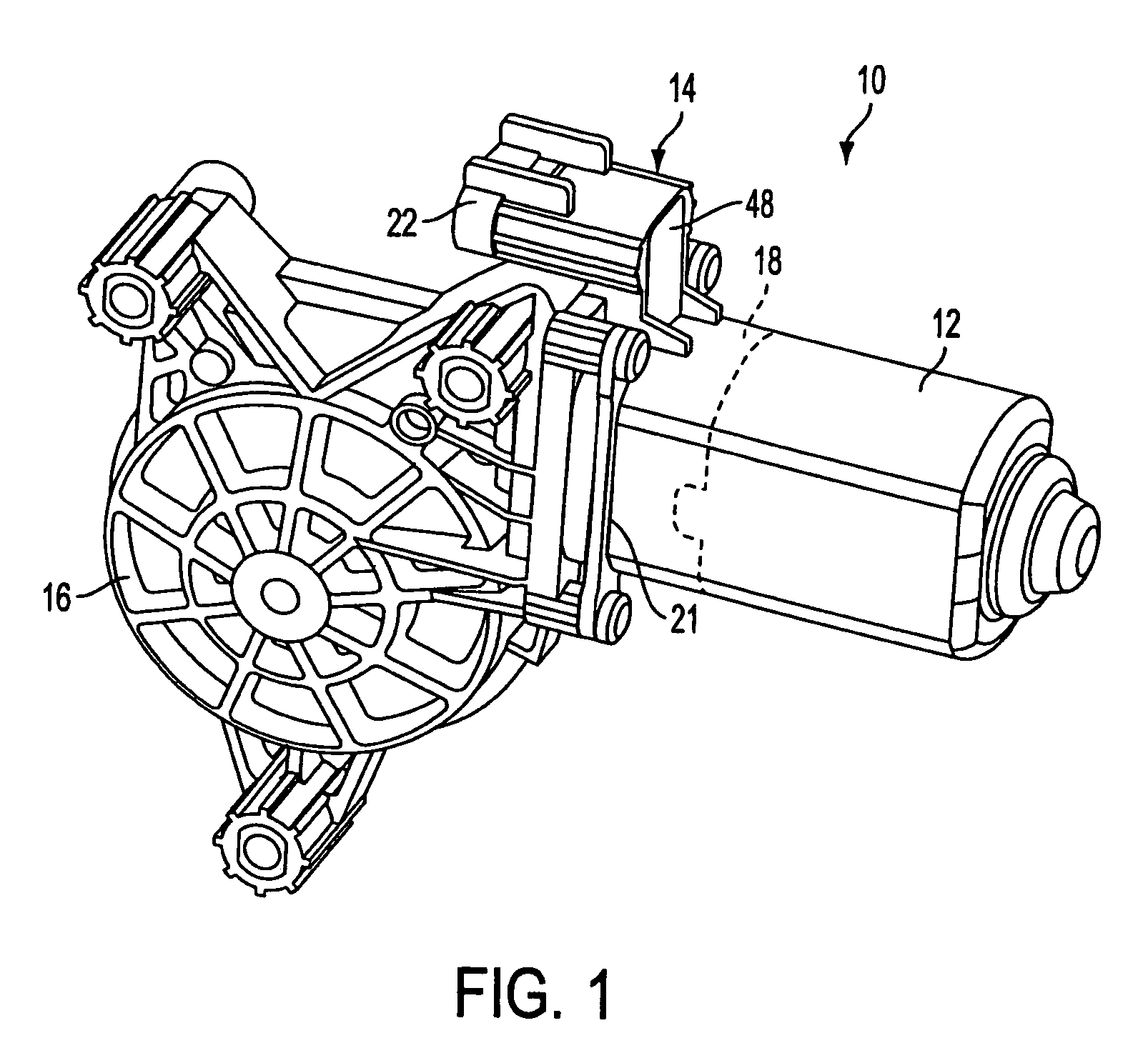 EMI suppression in permanent magnet DC motors having PCB outside motor in connector and overmolded