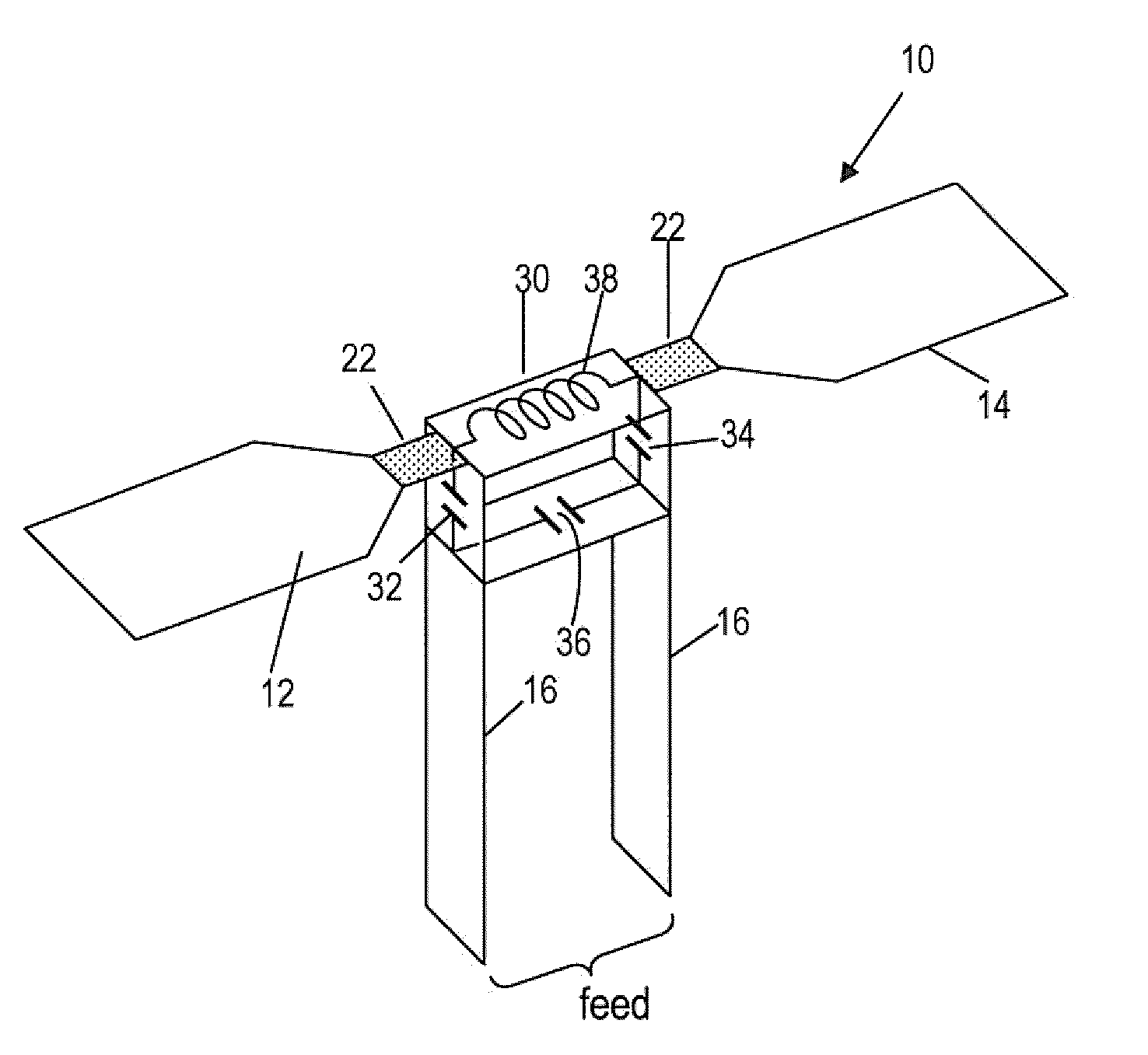 Integrated electronics matching circuit at an antenna feed point for establishing wide bandwidth, low vswr operation, and method of design