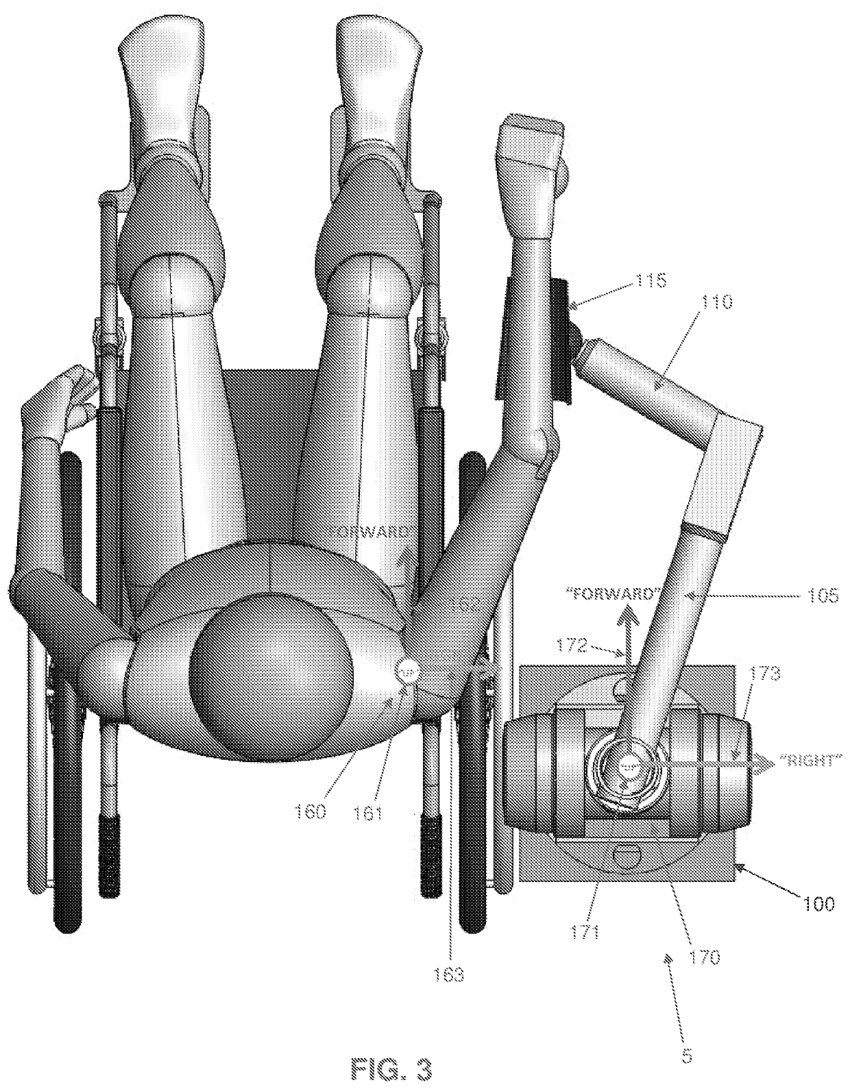 Multi-active-axis, non-exoskeletal rehabilitation device