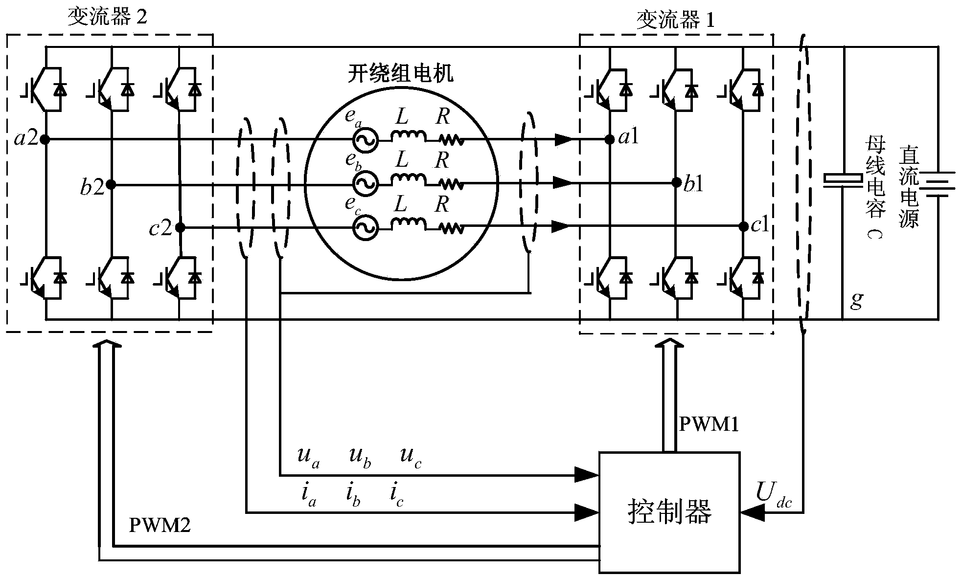 Permanent magnet motor system with shared bus structure and open winding and control method for suppressing zero-sequence current