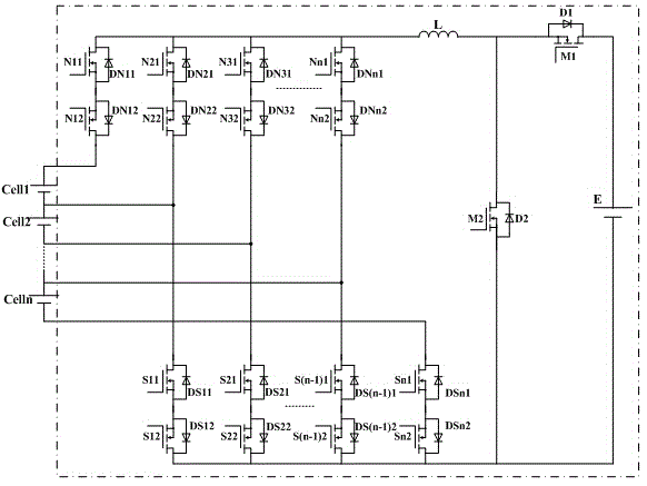 Double-level-bridge-arm series connection storage cell pack efficient equalizer topology circuit and control method thereof