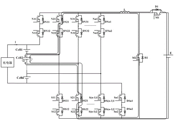 Double-level-bridge-arm series connection storage cell pack efficient equalizer topology circuit and control method thereof