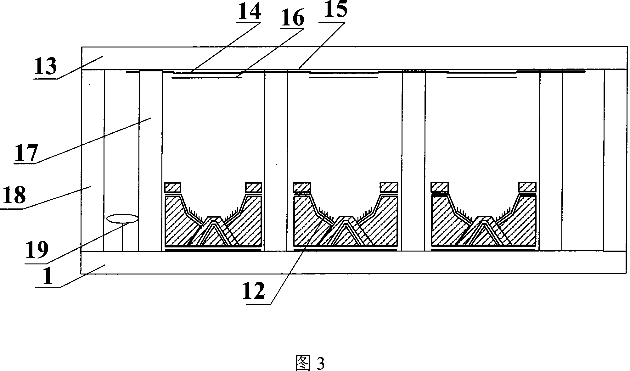 Planar display device with triangular bottom-grid controlled cathode structure and its production