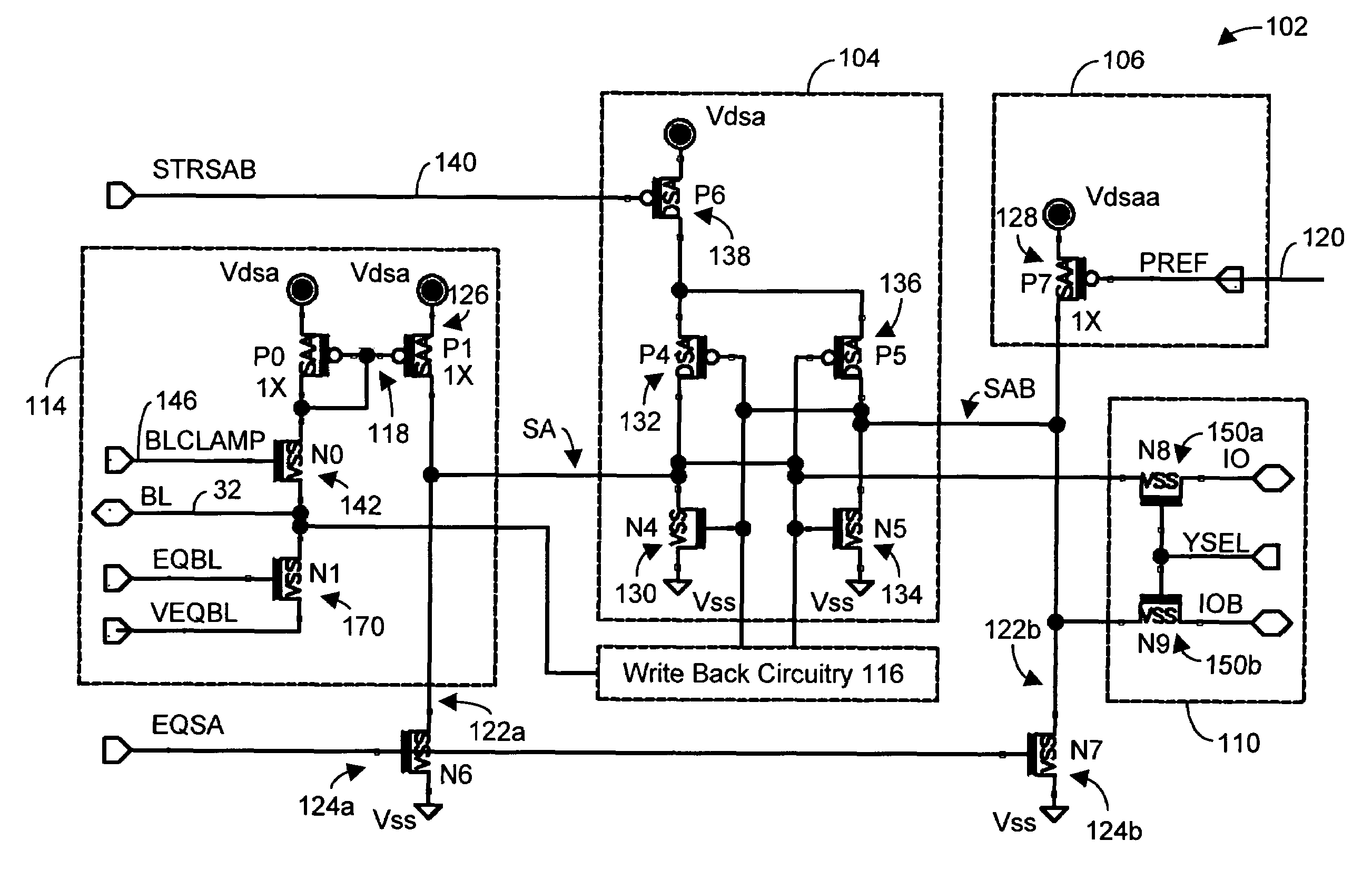 Sense amplifier circuitry and architecture to write data into and/or read from memory cells