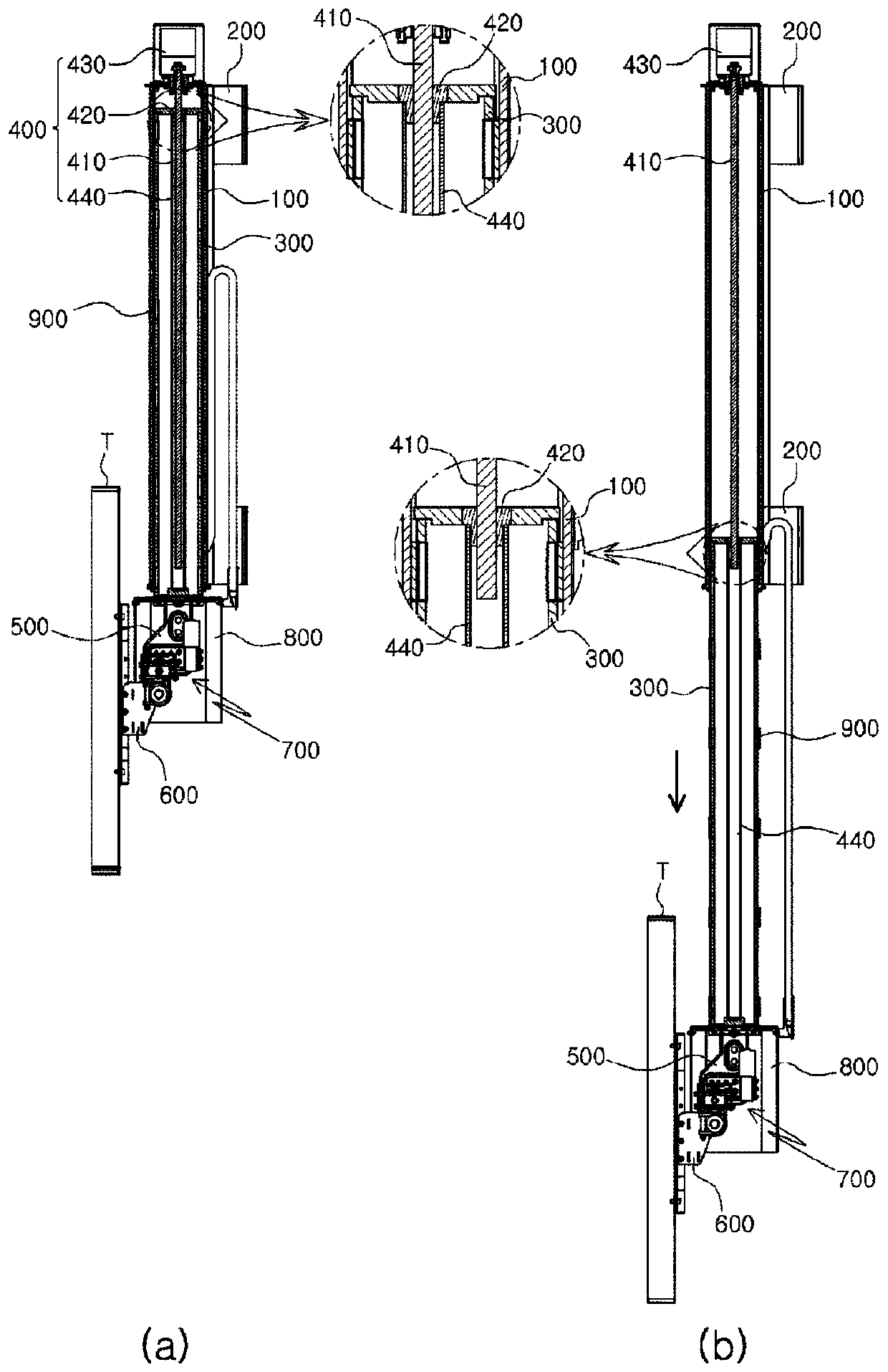 Ceiling-type display position adjusting device link employing gear structure