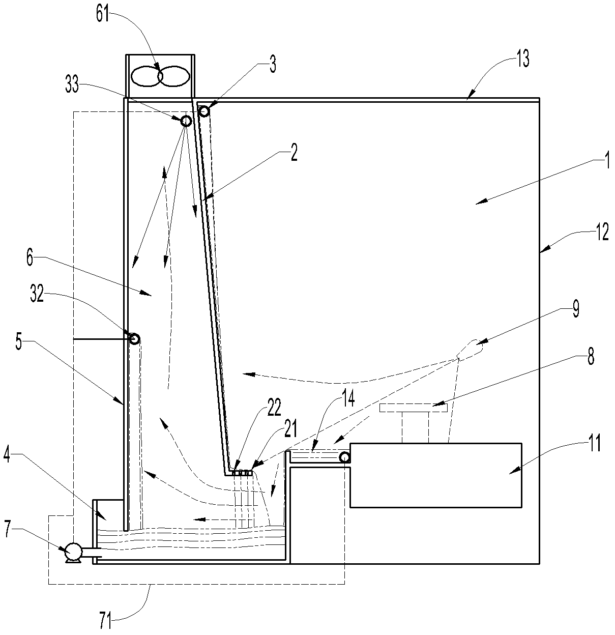 Water curtain air filtering device for spraying