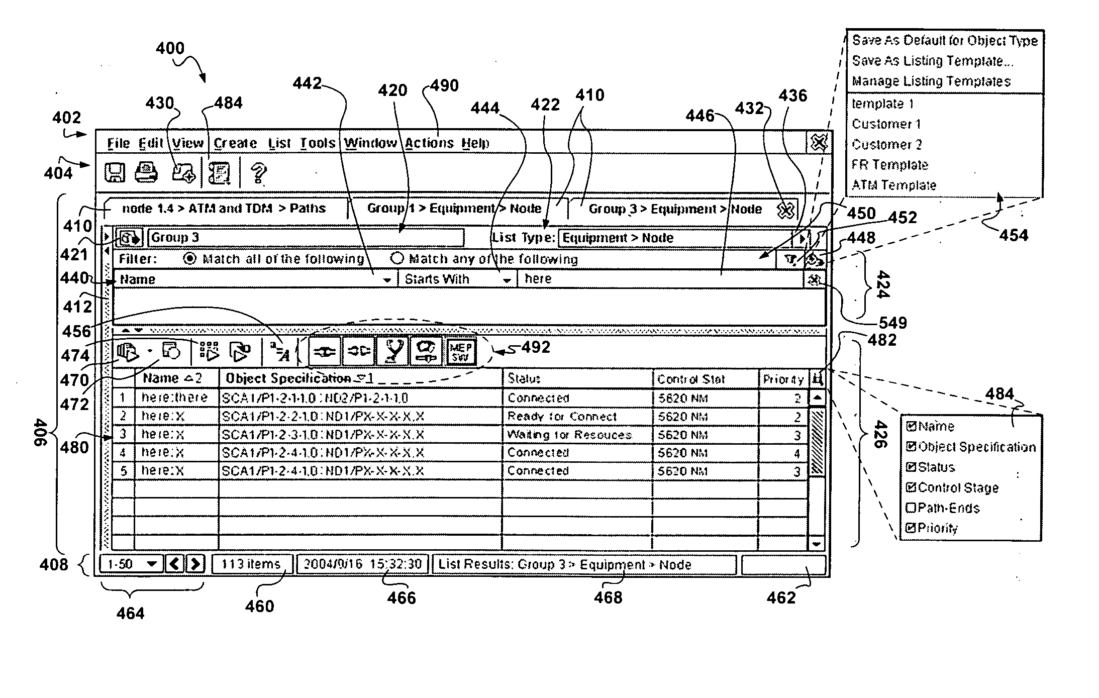 Graphical user interface for generic listing of managed objects