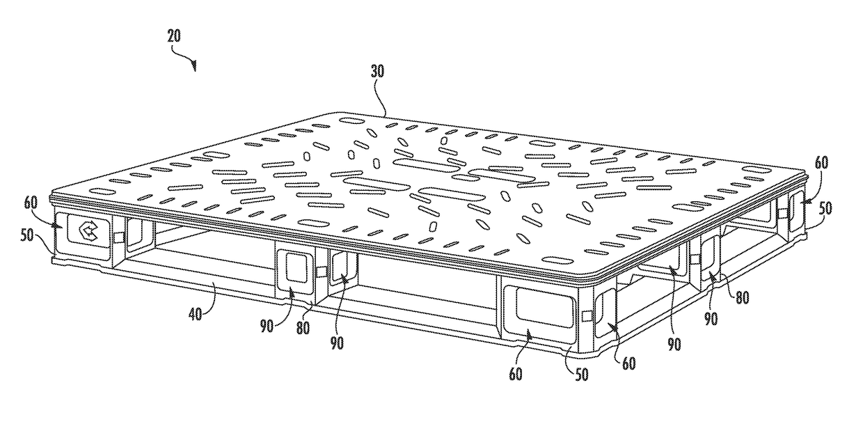 Plastic pallet with centerline markings and associated methods