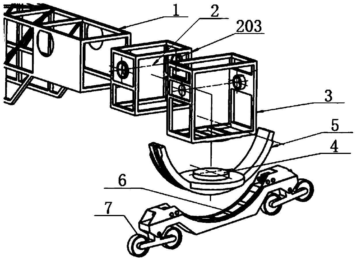 Bridge inspection vehicle door frame system applicable to variable gradient running