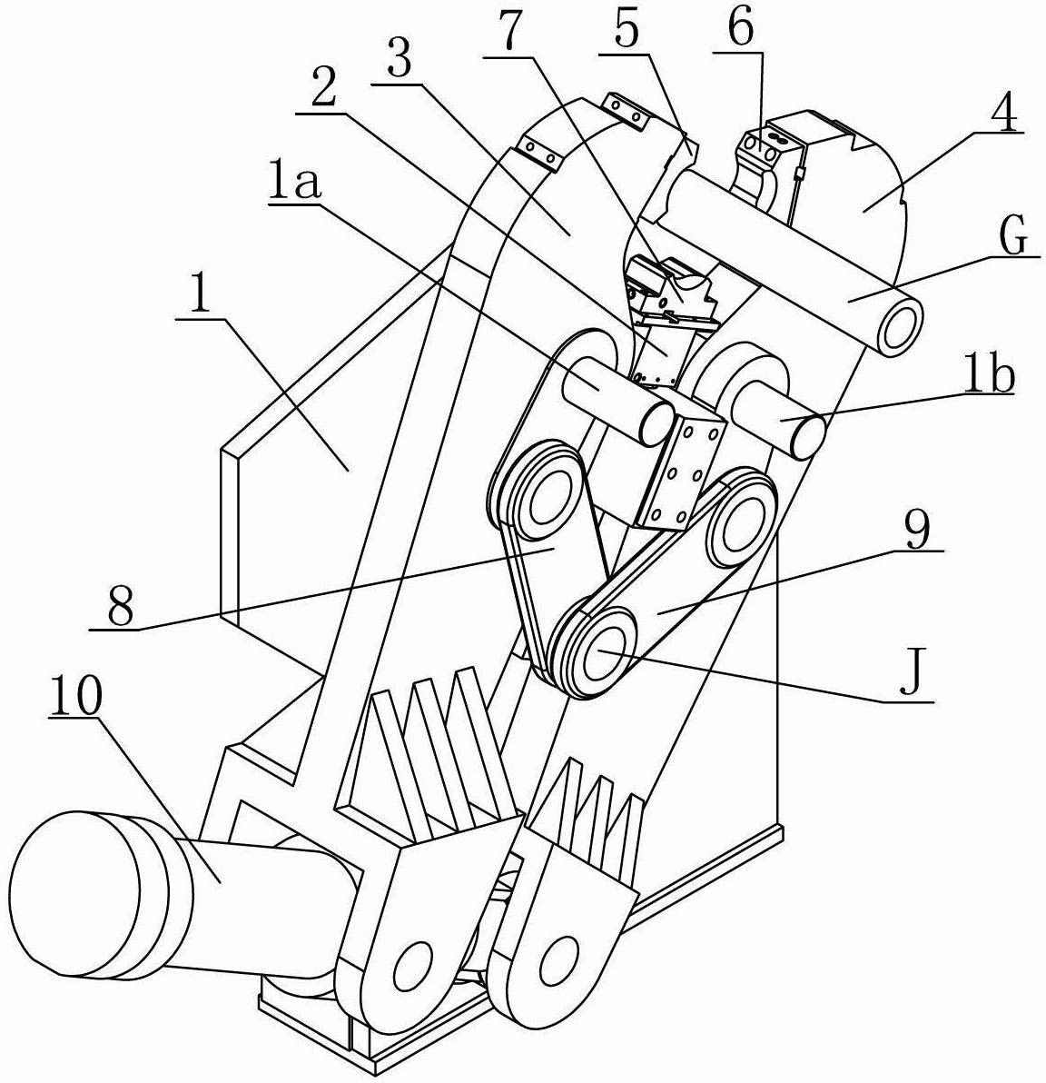 Three-claw opening-shrinking machine synchronized through connecting rods