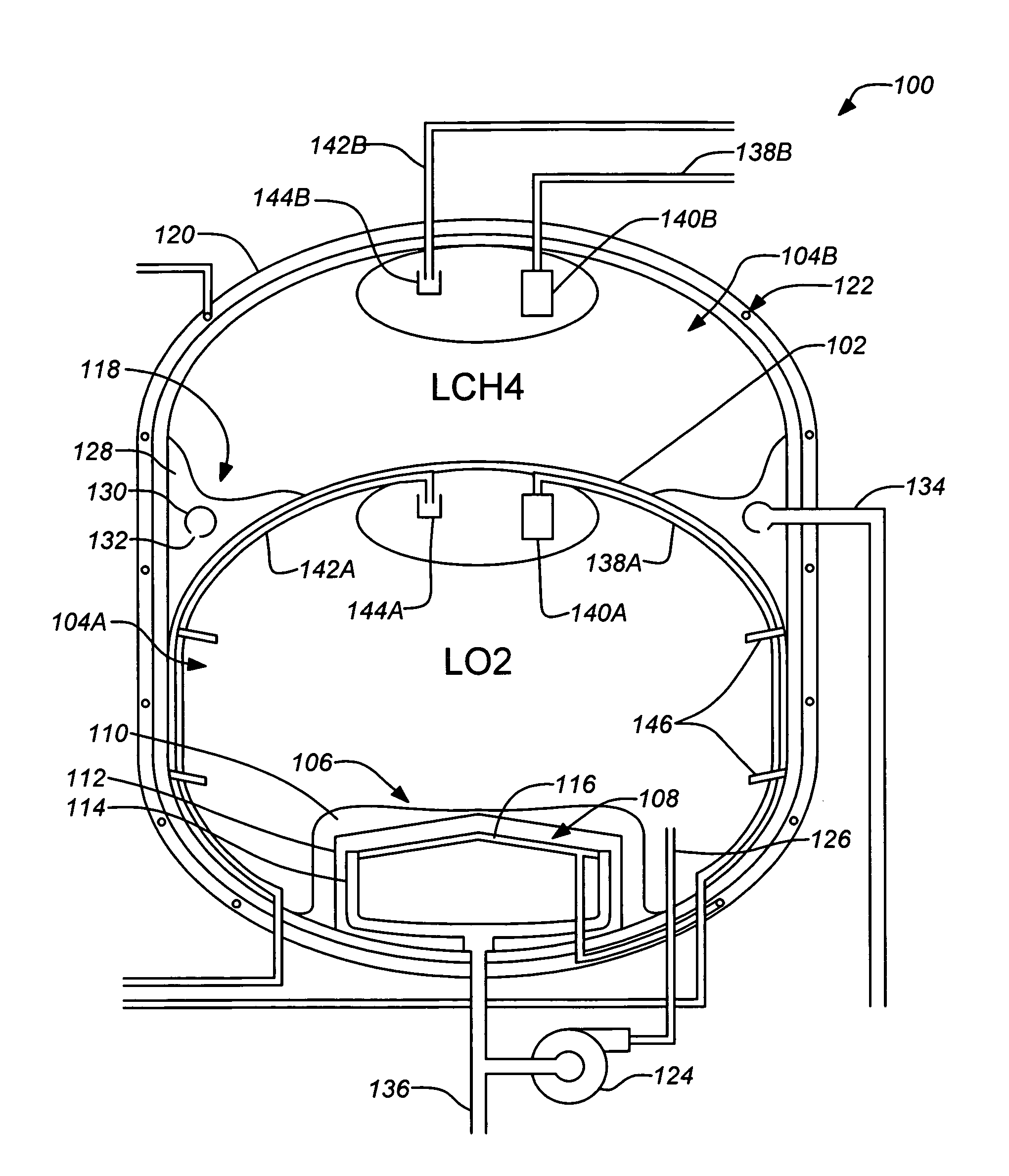 Thermally coupled liquid oxygen and liquid methane storage vessel