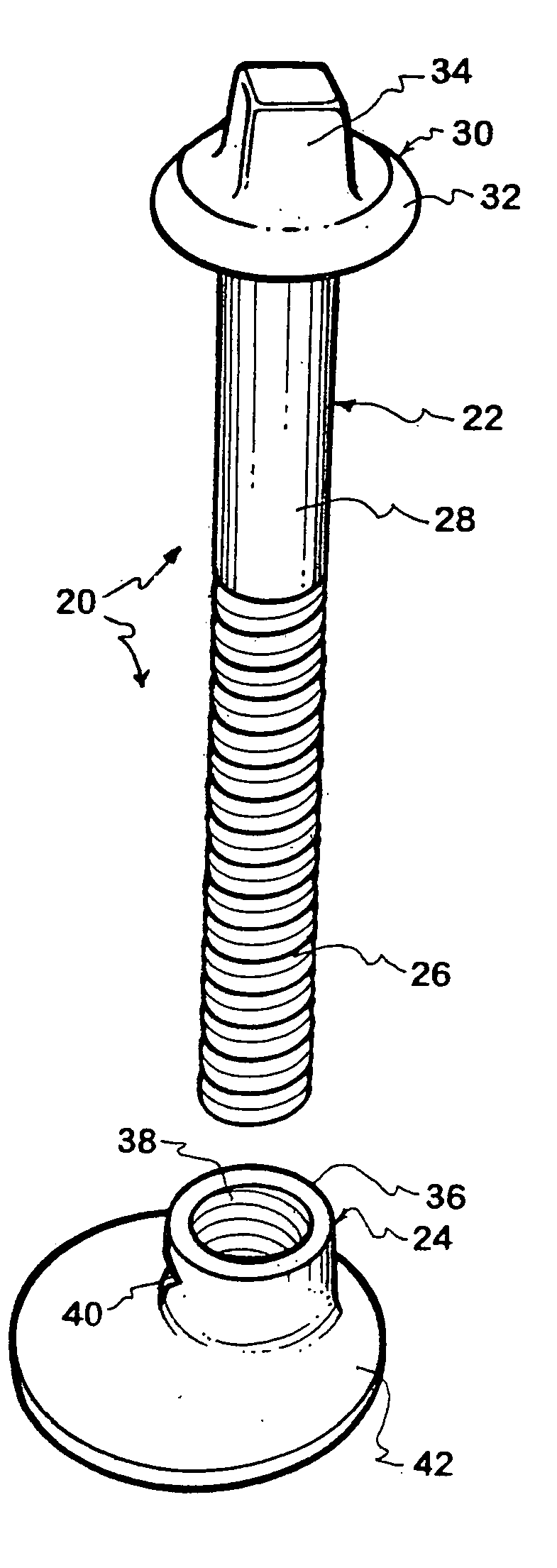 Spikeless tie plate fasteners, pre-plated railroad ties and related assemblies and methods