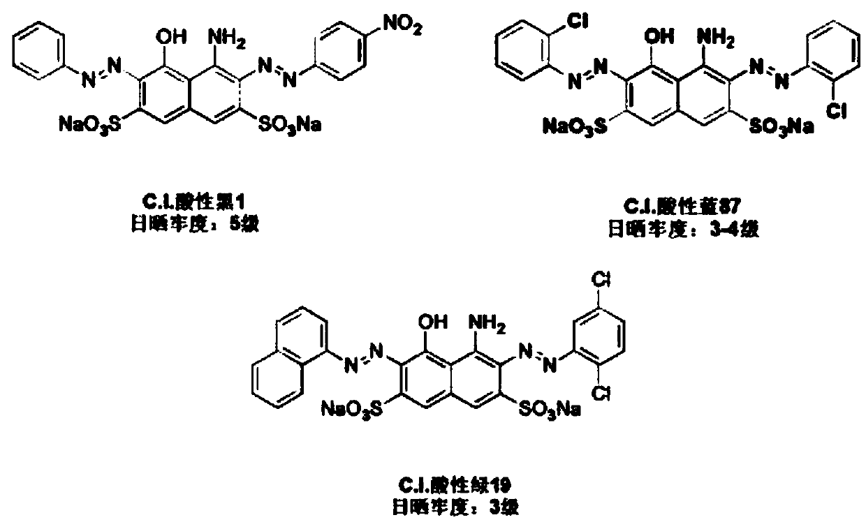 Disazo light-fast acid dye containing h-acid structure and preparation method thereof