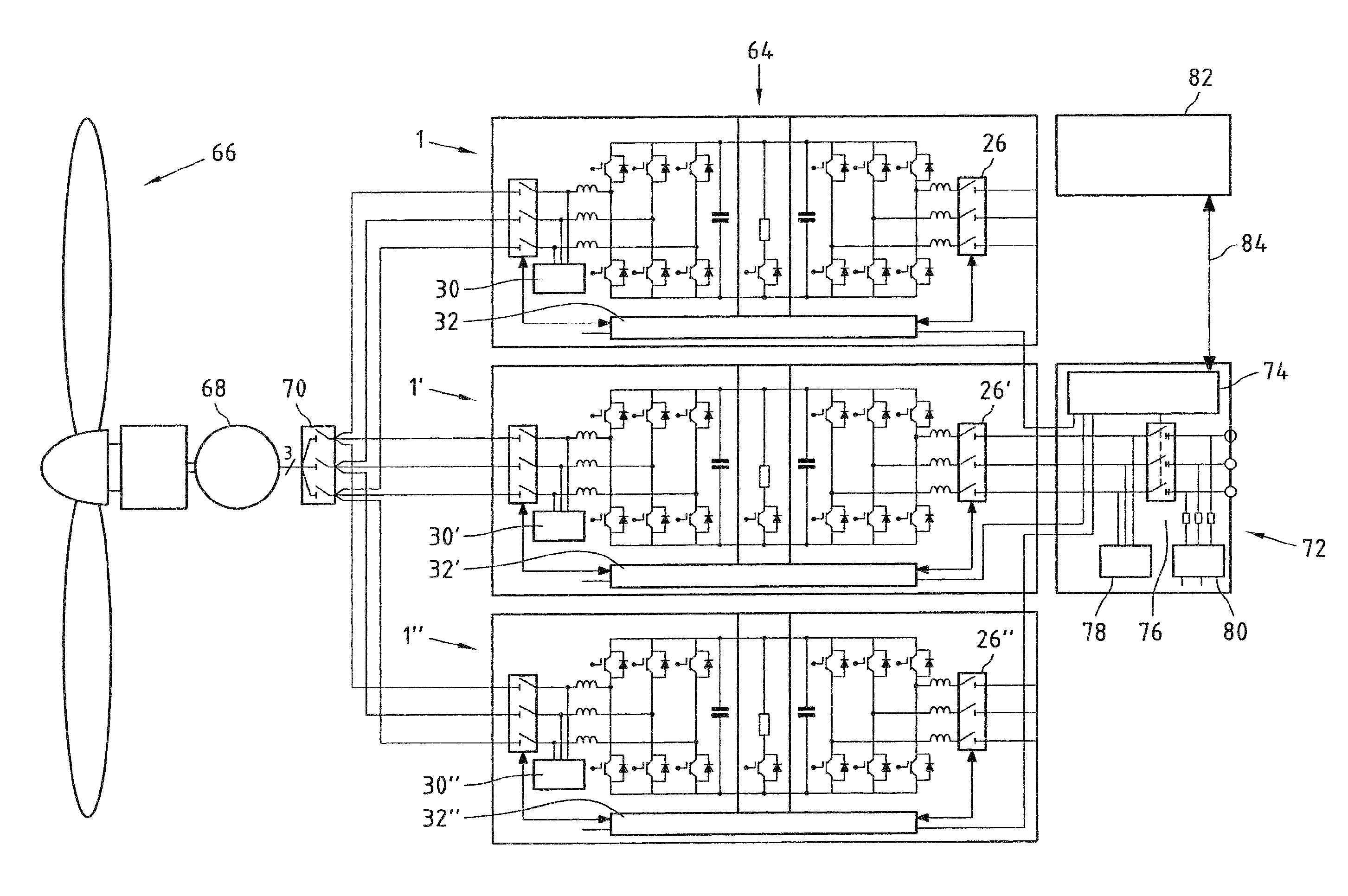 Switchgear cabinet arrangement of a device for producing electric energy