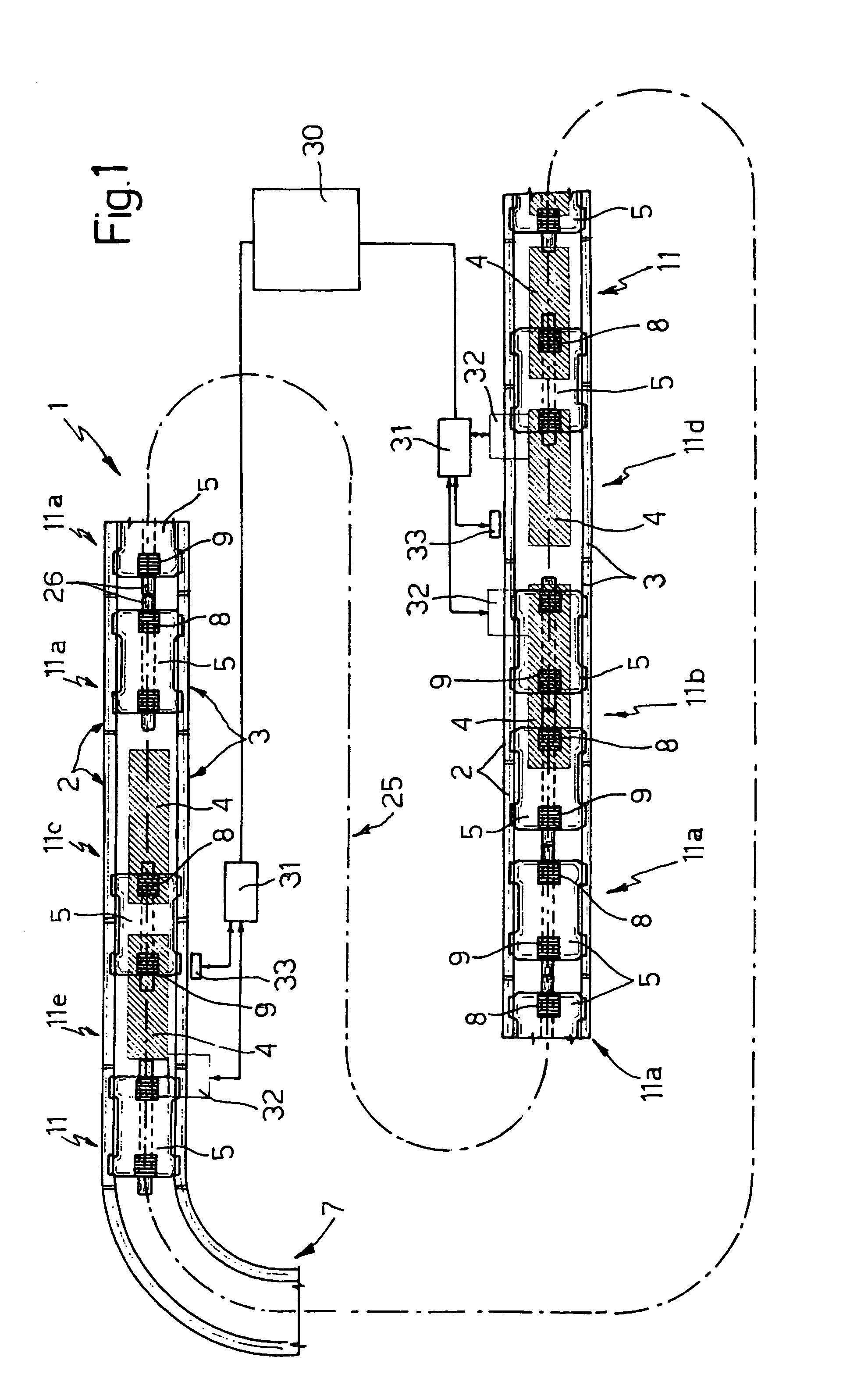 Integrated conveyor system for moving loads, in particular vehicles, along a production line