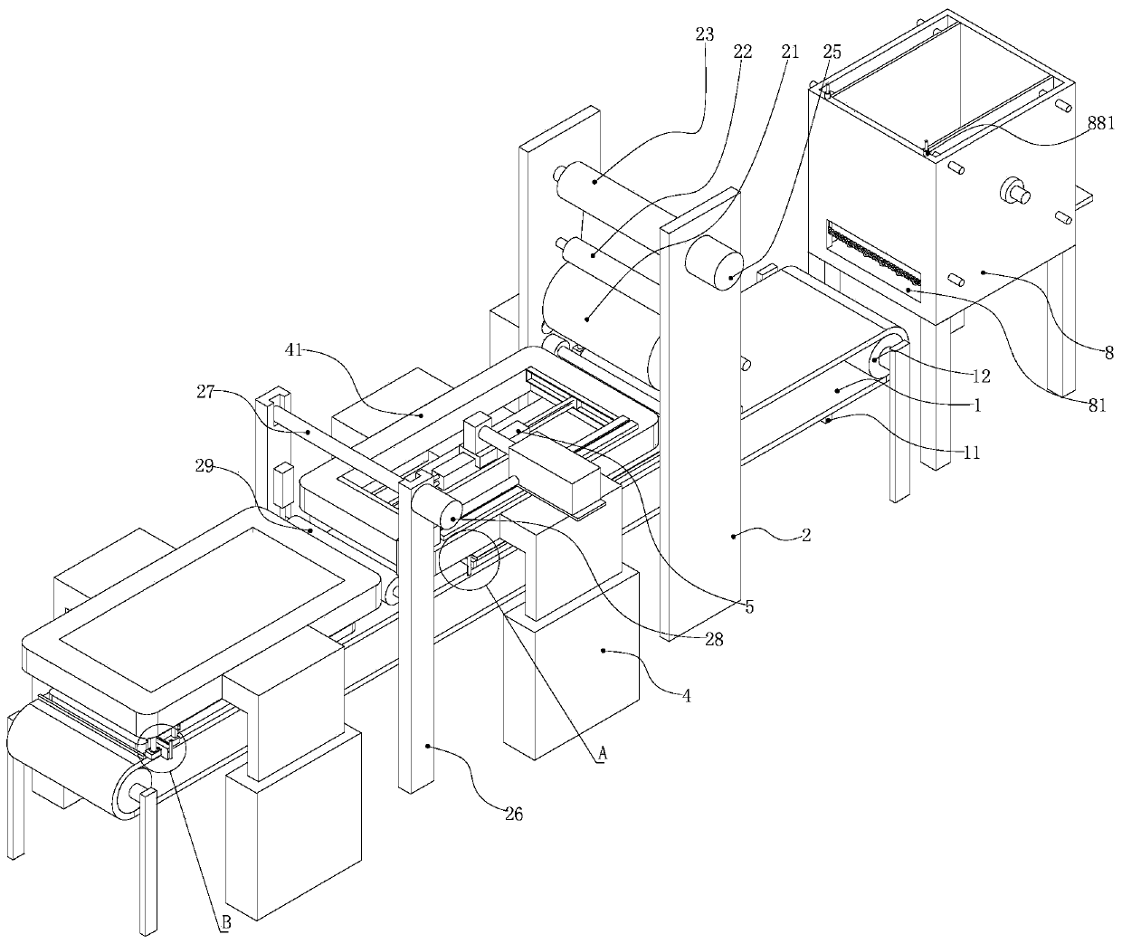 Automatic furniture plate feeding and film pasting system with high machining efficiency