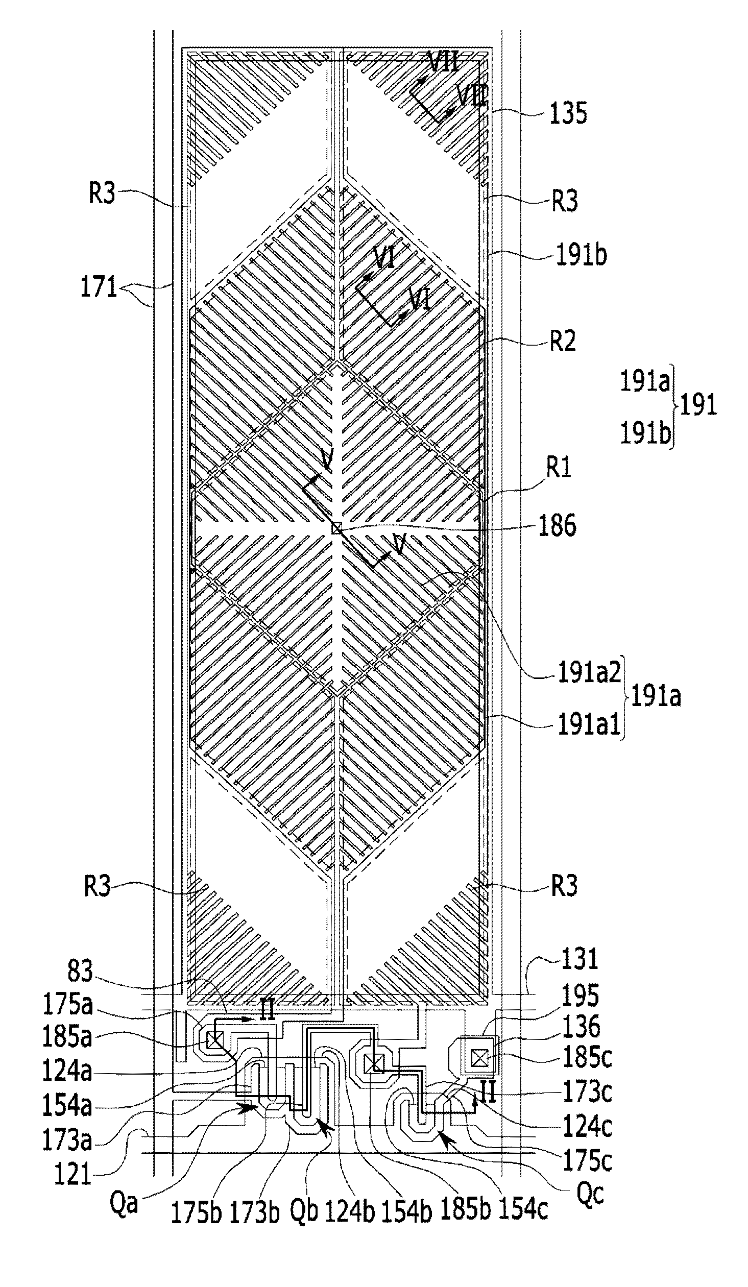 Liquid crystal display having multiple pixel regions for improved transmittance