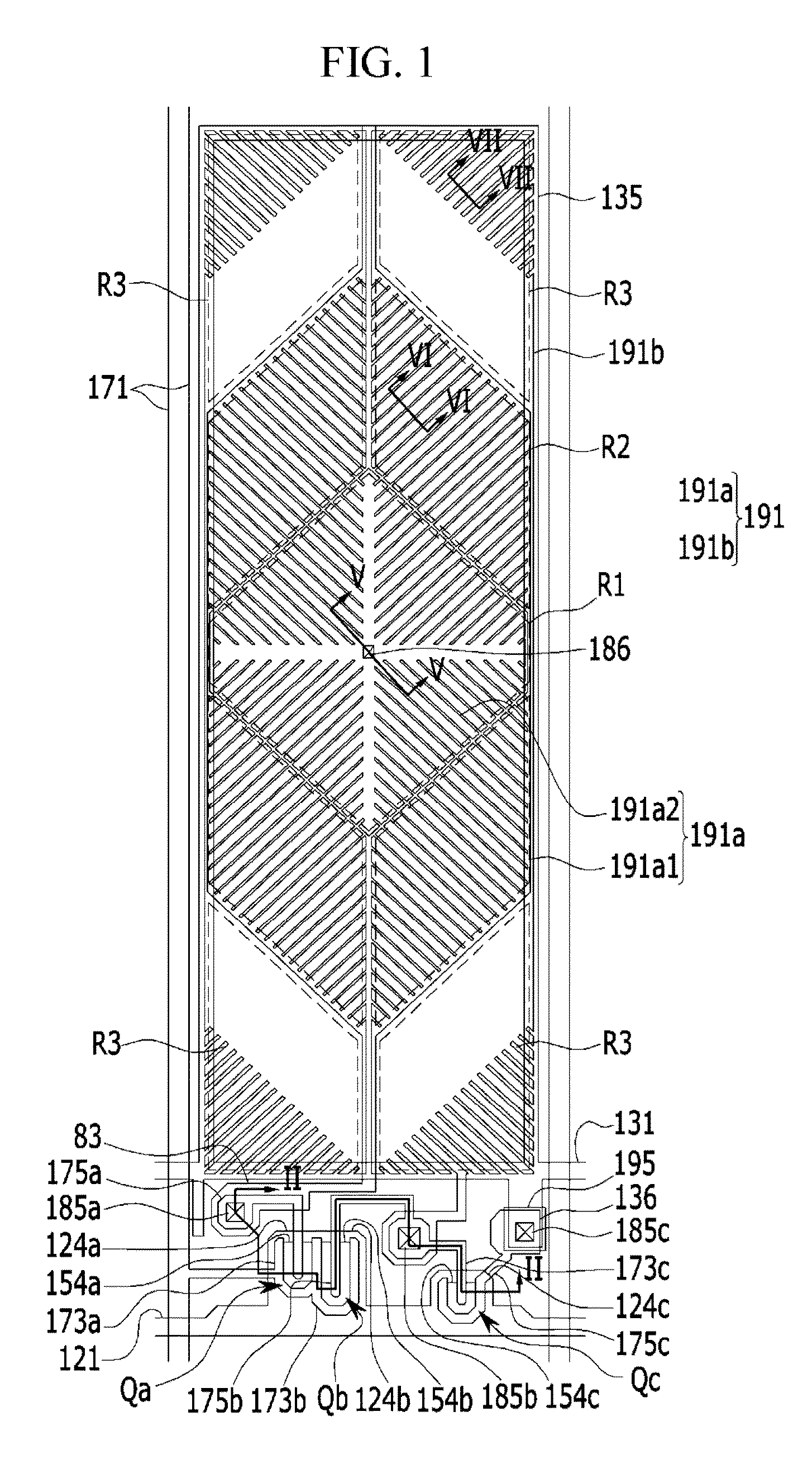 Liquid crystal display having multiple pixel regions for improved transmittance