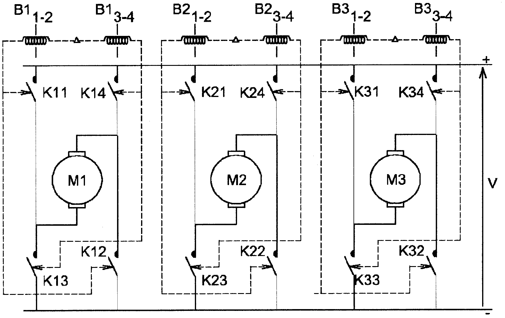 Device for controlling a plurality of current breaking apparatuses via electric motors