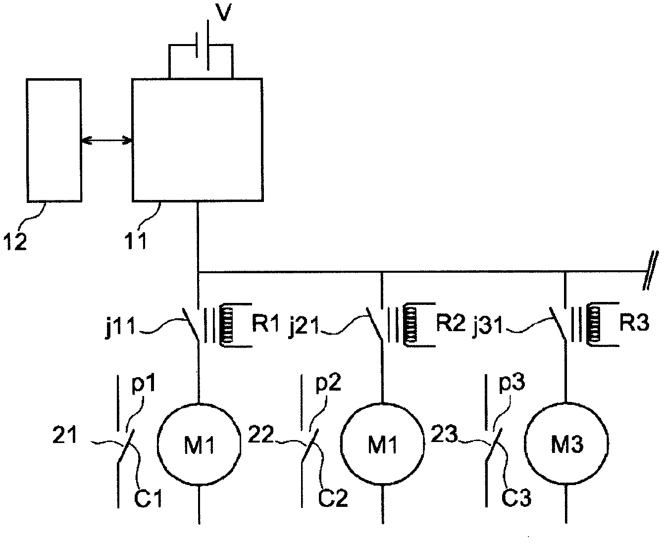 Device for controlling a plurality of current breaking apparatuses via electric motors