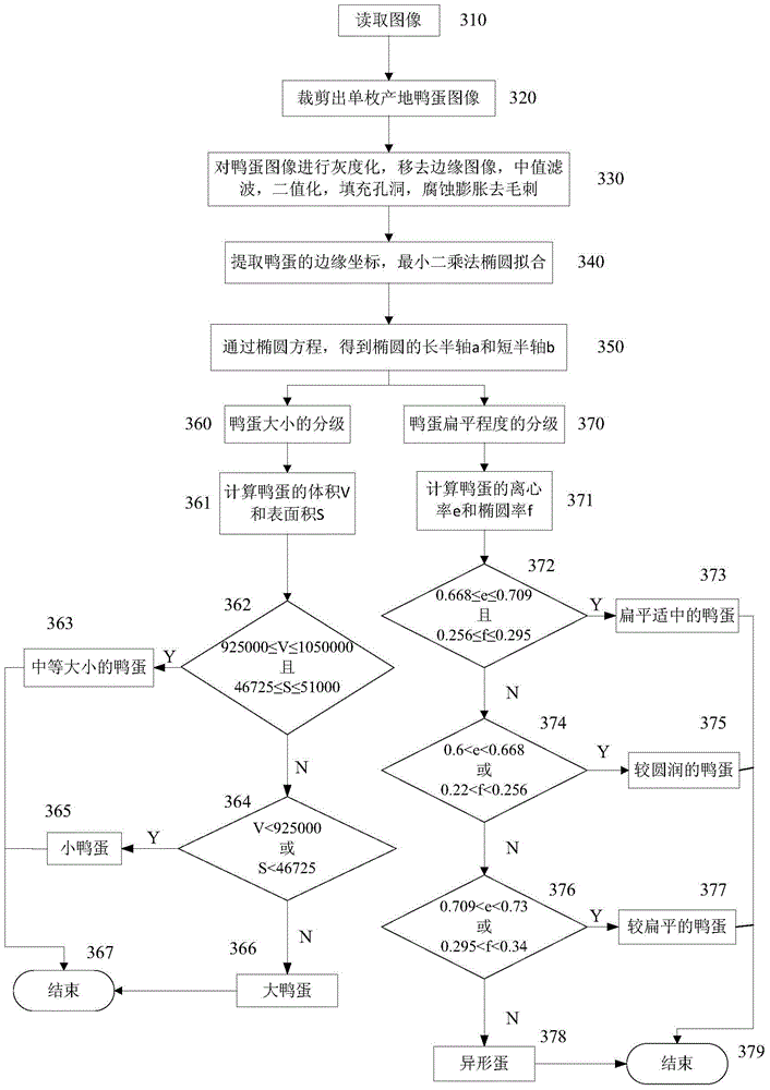 Visual detection and grading device and method for the appearance and size of duck eggs in the colony of origin