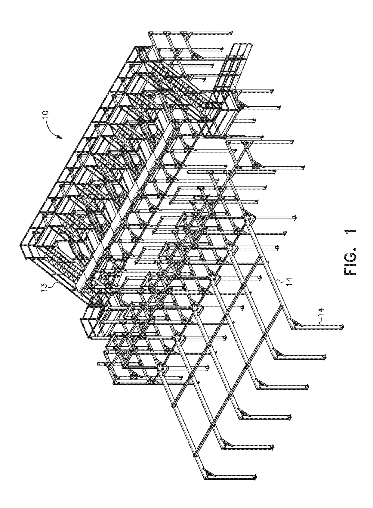 Tubular mezzanine and conveyor support structures and stiffener brackets for assembly thereof