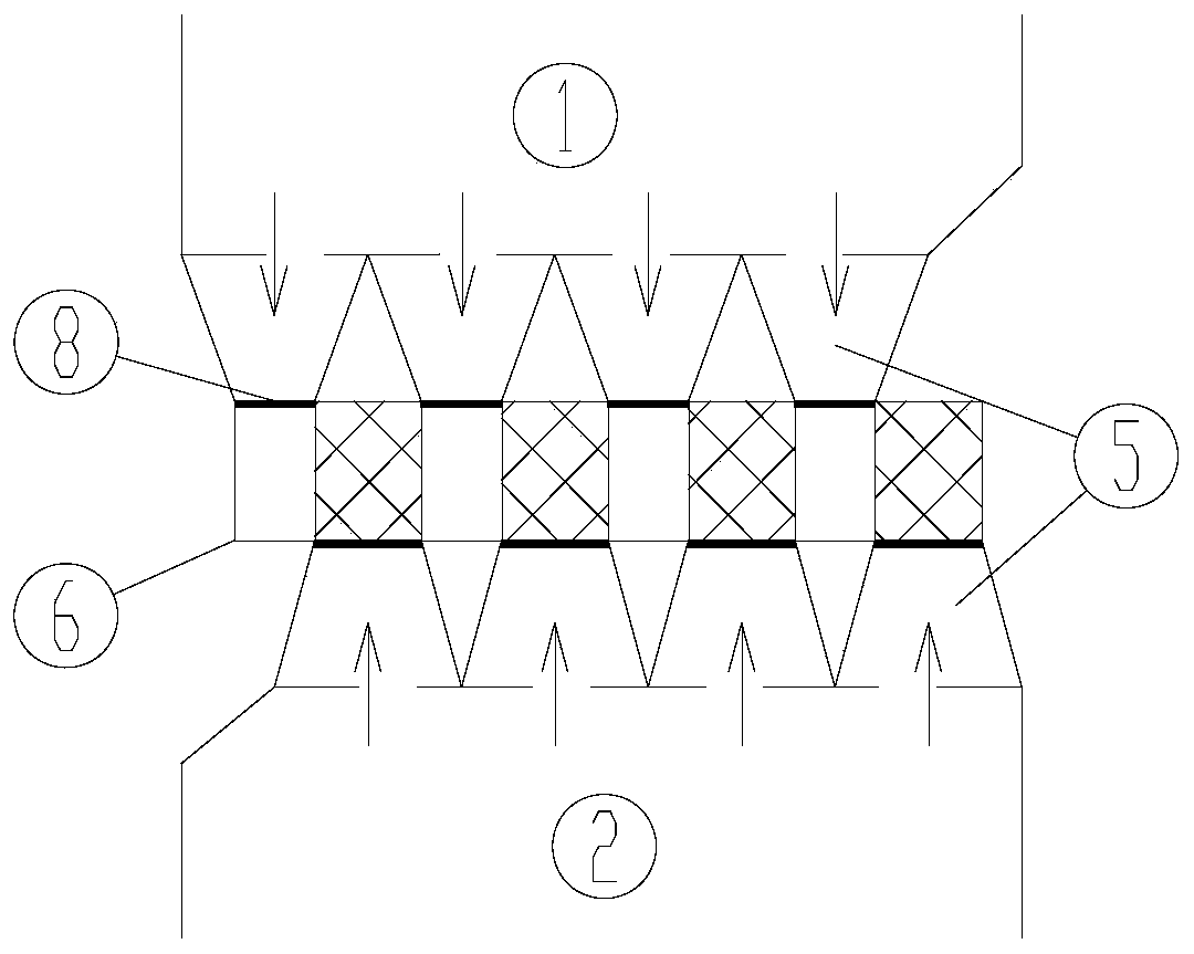 Merged flue adjusting baffle cross arrangement structure and method