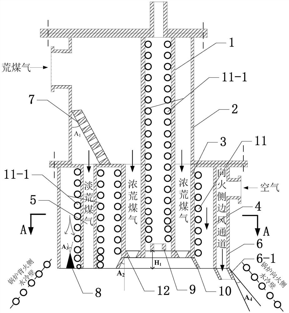 Direct-current combustor for combusting high-temperature raw gas