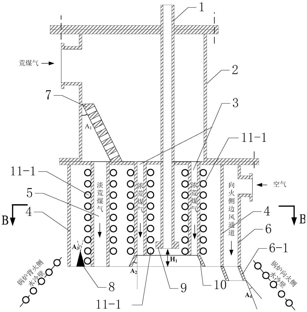 Direct-current combustor for combusting high-temperature raw gas