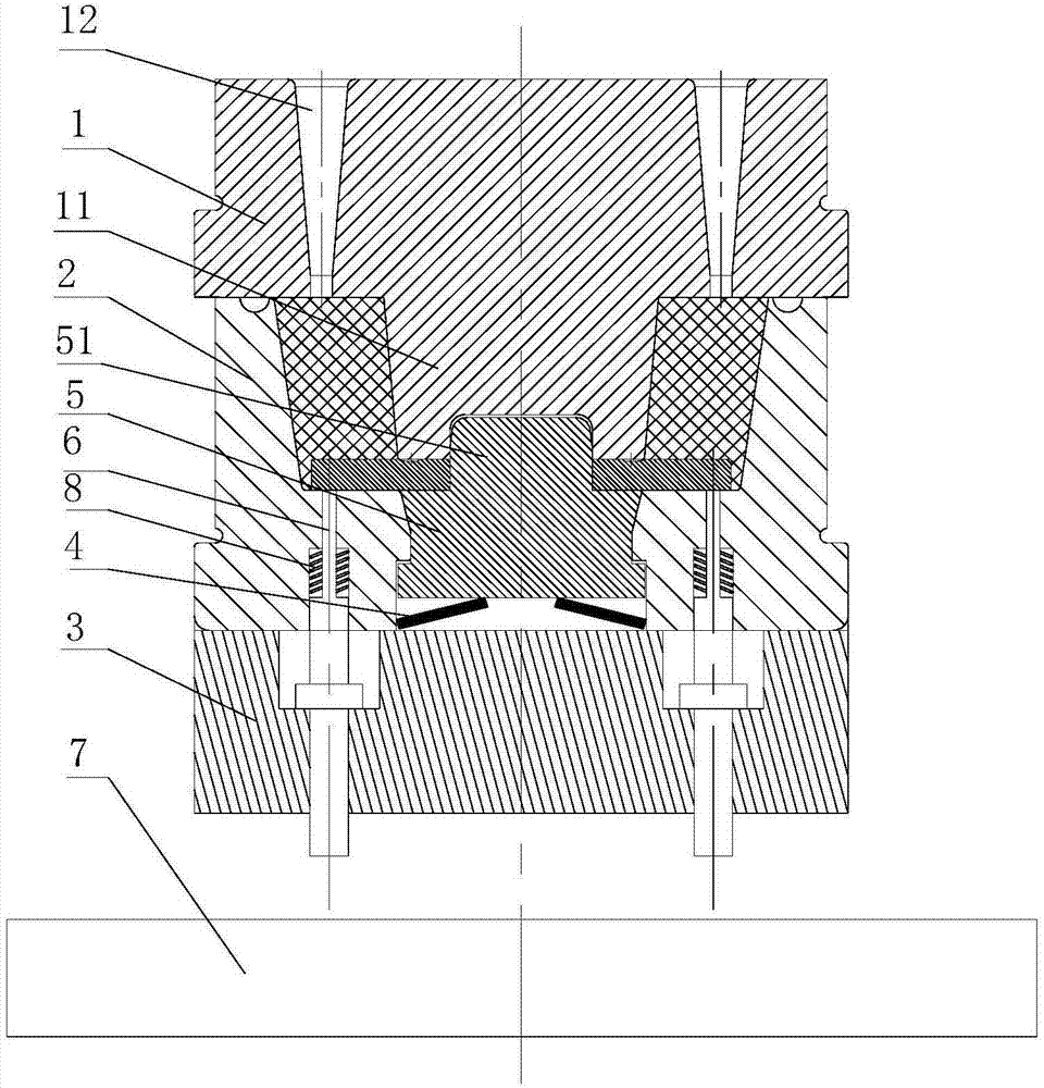 Automatic disc spring sealing compound ejection die