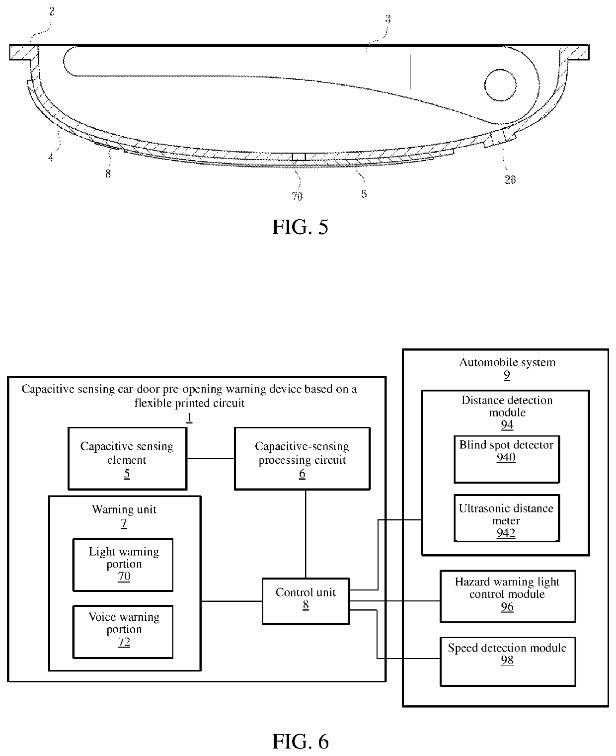 Capacitive sensing car-door pre-opening warning device based on a flexible printed circuit