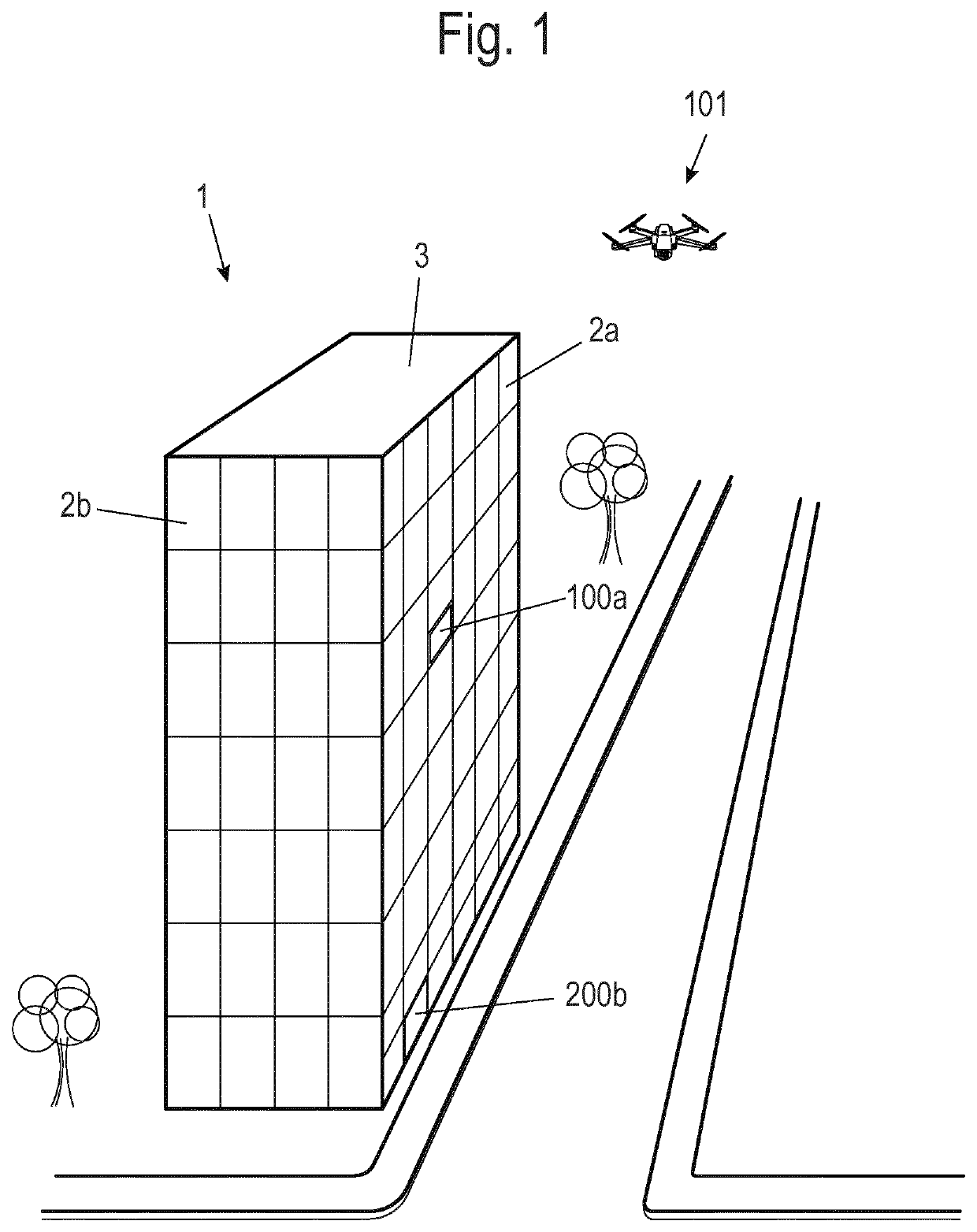 Element for a window, door, pitched roof or facade, comprising a device for sending or receiving letters and parcels from an unmanned air vehicle