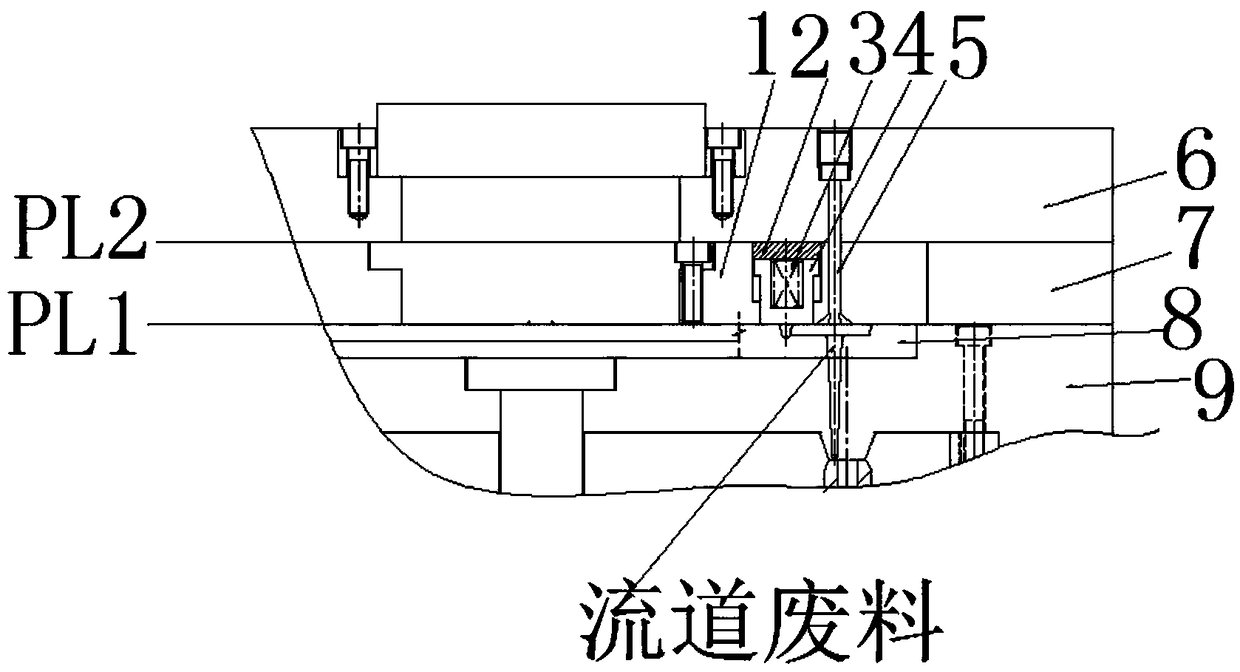 Front mould automatic shooting material mechanism of injection mold of three plates mold and using method thereof